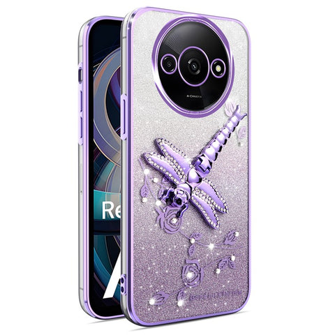 KADEM Case For Xiaomi Redmi A3 4G / A3x 4G / Poco C61 4G Dragonfly Kickstand TPU Flowers Glitter Phone Cover