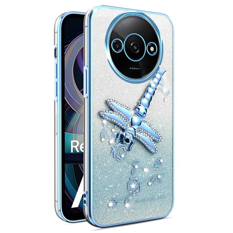 KADEM Case For Xiaomi Redmi A3 4G / A3x 4G / Poco C61 4G Dragonfly Kickstand TPU Flowers Glitter Phone Cover