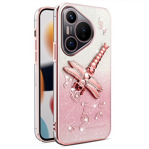 KADEM For Huawei Pura 70 Case Dragonfly Kickstand TPU Flowers Glitter Phone Cover