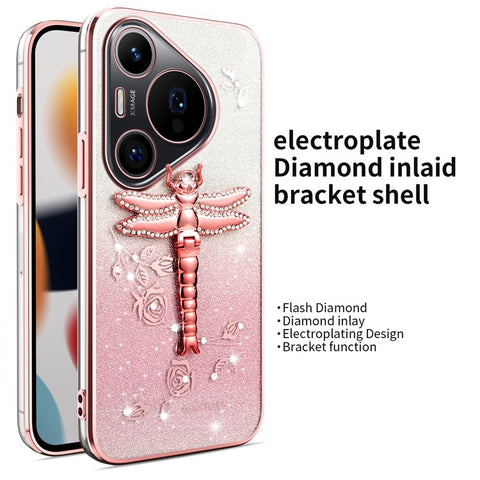 KADEM For Huawei Pura 70 Pro / Pura 70 Pro+ Case Dragonfly Kickstand TPU Flowers Glitter Phone Cover