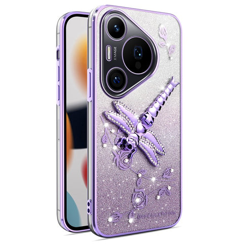 KADEM For Huawei Pura 70 Pro / Pura 70 Pro+ Case Dragonfly Kickstand TPU Flowers Glitter Phone Cover