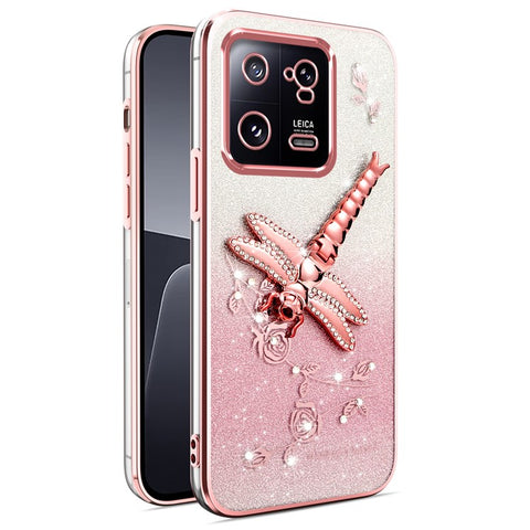 KADEM For Xiaomi 13 Case Dragonfly Kickstand TPU Flowers Glitter Phone Cover