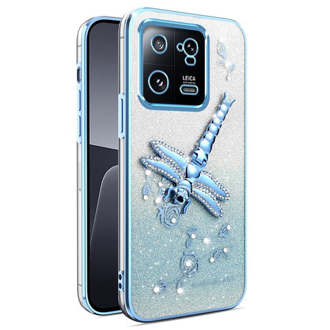 KADEM For Xiaomi 13 Case Dragonfly Kickstand TPU Flowers Glitter Phone Cover
