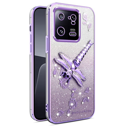 KADEM For Xiaomi 13 Case Dragonfly Kickstand TPU Flowers Glitter Phone Cover