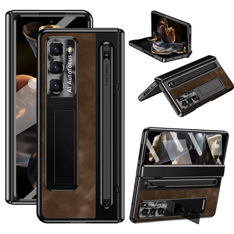 For Samsung Galaxy Z Fold Special Case Leather+PC Kickstand Phone Cover with Tempered Glass Film, Stylus