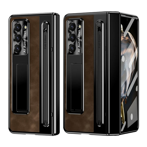 For Samsung Galaxy Z Fold Special Case Leather+PC Kickstand Phone Cover with Tempered Glass Film, Stylus