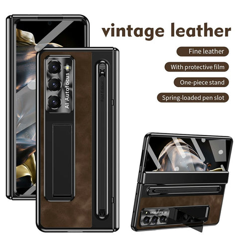 For Samsung Galaxy Z Fold Special Case Leather+PC Kickstand Phone Cover with Tempered Glass Film, Stylus