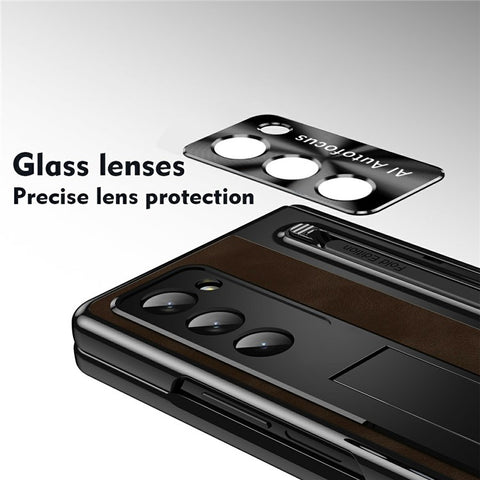 For Samsung Galaxy Z Fold Special Case Leather+PC Kickstand Phone Cover with Tempered Glass Film, Stylus