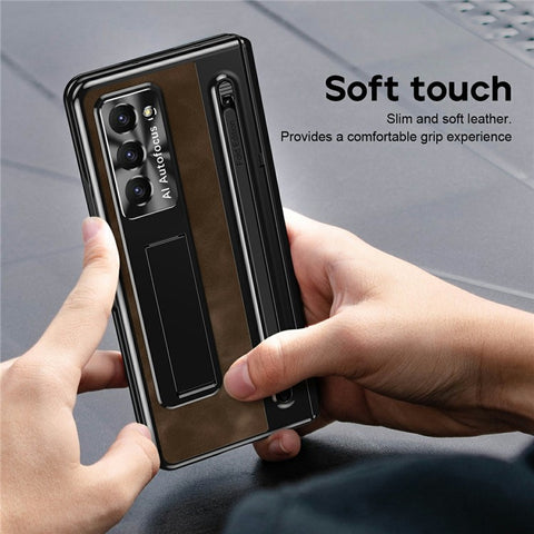 For Samsung Galaxy Z Fold Special Case Leather+PC Kickstand Phone Cover with Tempered Glass Film, Stylus