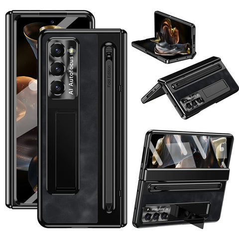 For Samsung Galaxy Z Fold Special Case Leather+PC Kickstand Phone Cover with Tempered Glass Film, Stylus
