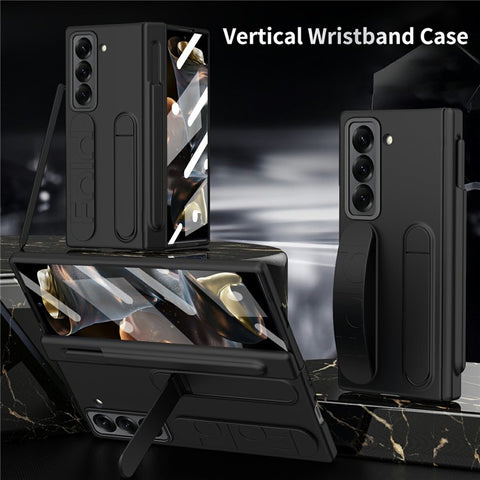 For Samsung Galaxy Z Fold Special Case Kickstand Wristband PC Phone Cover with Tempered Glass Film