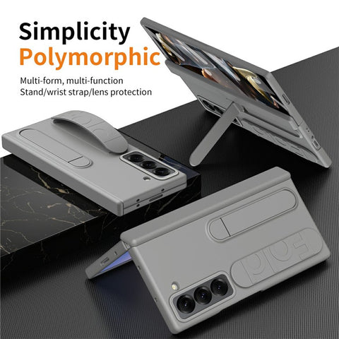 For Samsung Galaxy Z Fold Special Case Kickstand Wristband PC Phone Cover with Tempered Glass Film