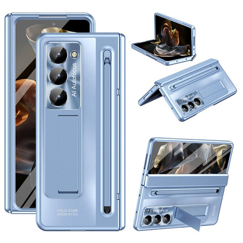 For Samsung Galaxy Z Fold Special Case Kickstand Hinge PC Phone Cover with Tempered Glass Film, Stylus
