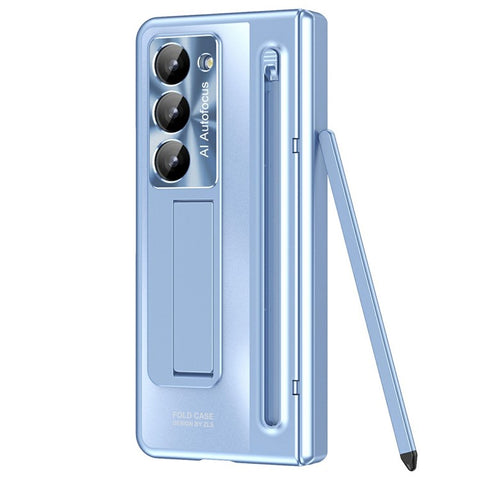 For Samsung Galaxy Z Fold Special Case Kickstand Hinge PC Phone Cover with Tempered Glass Film, Stylus