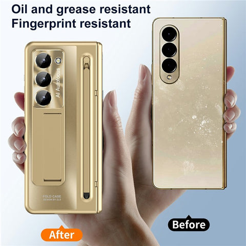 For Samsung Galaxy Z Fold Special Case Kickstand Hinge PC Phone Cover with Tempered Glass Film, Stylus