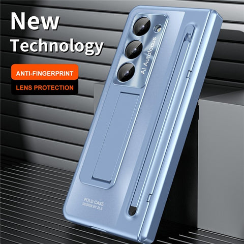 For Samsung Galaxy Z Fold Special Case Kickstand Hinge PC Phone Cover with Tempered Glass Film, Stylus