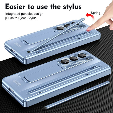 For Samsung Galaxy Z Fold Special Case Kickstand Hinge PC Phone Cover with Tempered Glass Film, Stylus