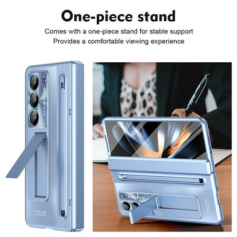 For Samsung Galaxy Z Fold Special Case Kickstand Hinge PC Phone Cover with Tempered Glass Film, Stylus