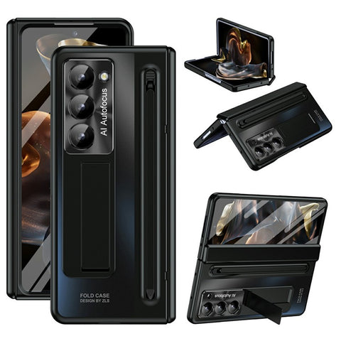 For Samsung Galaxy Z Fold Special Case Kickstand Hinge PC Phone Cover with Tempered Glass Film, Stylus