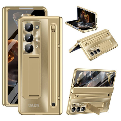 For Samsung Galaxy Z Fold Special Case Kickstand Hinge PC Phone Cover with Tempered Glass Film, Stylus