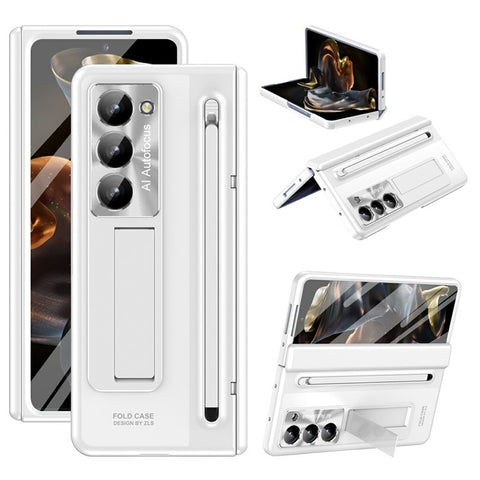 For Samsung Galaxy Z Fold Special Case Kickstand Hinge PC Phone Cover with Tempered Glass Film, Stylus