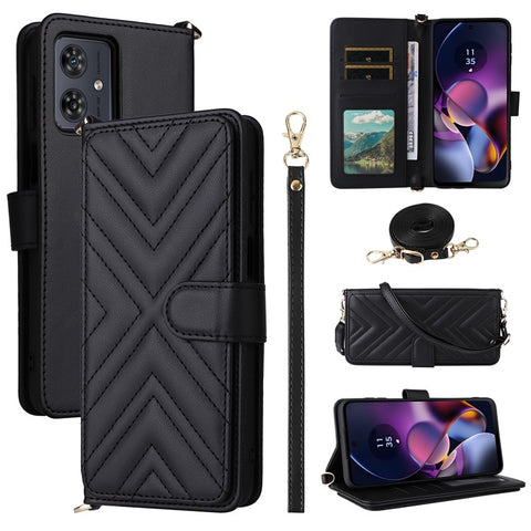 Wallet Phone Case for Motorola Moto G64y 5G / G64 5G / G54 Power 5G / G54 5G Leather Cover with Shoulder / Wrist Strap