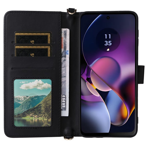 Wallet Phone Case for Motorola Moto G64y 5G / G64 5G / G54 Power 5G / G54 5G Leather Cover with Shoulder / Wrist Strap