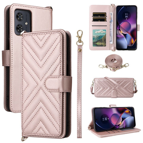 Wallet Phone Case for Motorola Moto G64y 5G / G64 5G / G54 Power 5G / G54 5G Leather Cover with Shoulder / Wrist Strap