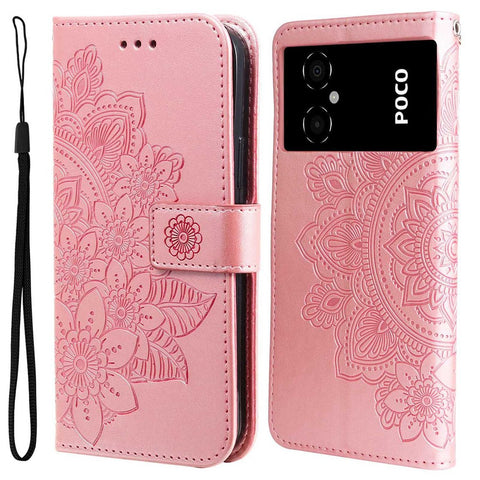 For Xiaomi Poco M4 5G / M5 (India) 4G PU Leather Folio Wallet Case Flower Imprinting Stand Magnetic Closure Protective Cover with Strap