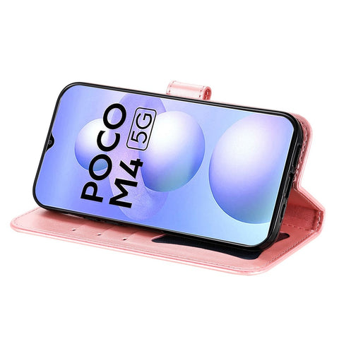 For Xiaomi Poco M4 5G / M5 (India) 4G PU Leather Folio Wallet Case Flower Imprinting Stand Magnetic Closure Protective Cover with Strap