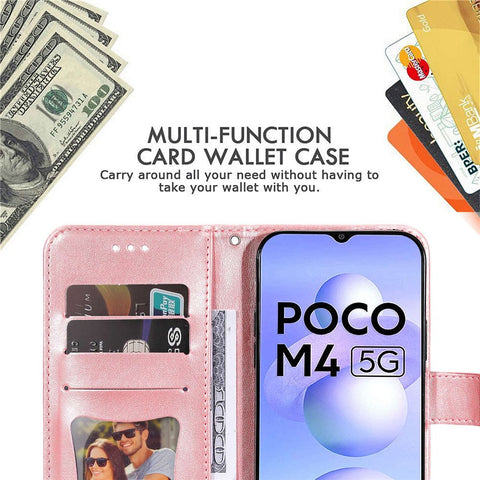 For Xiaomi Poco M4 5G / M5 (India) 4G PU Leather Folio Wallet Case Flower Imprinting Stand Magnetic Closure Protective Cover with Strap