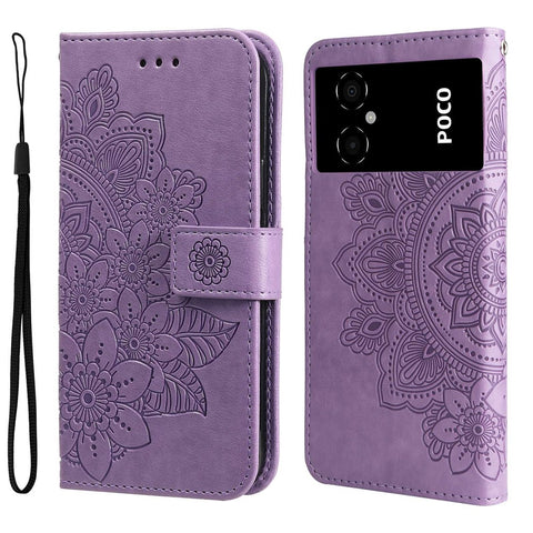 For Xiaomi Poco M4 5G / M5 (India) 4G PU Leather Folio Wallet Case Flower Imprinting Stand Magnetic Closure Protective Cover with Strap