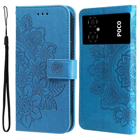 For Xiaomi Poco M4 5G / M5 (India) 4G PU Leather Folio Wallet Case Flower Imprinting Stand Magnetic Closure Protective Cover with Strap