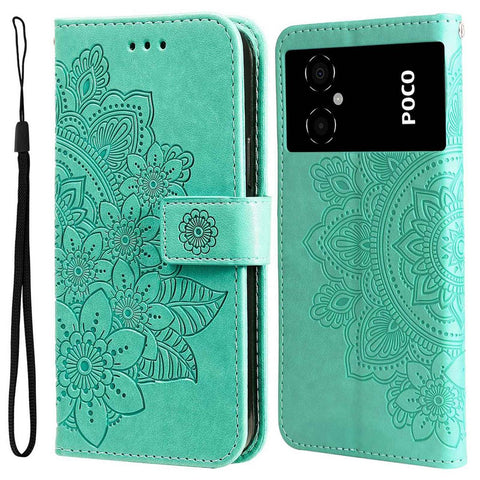 For Xiaomi Poco M4 5G / M5 (India) 4G PU Leather Folio Wallet Case Flower Imprinting Stand Magnetic Closure Protective Cover with Strap