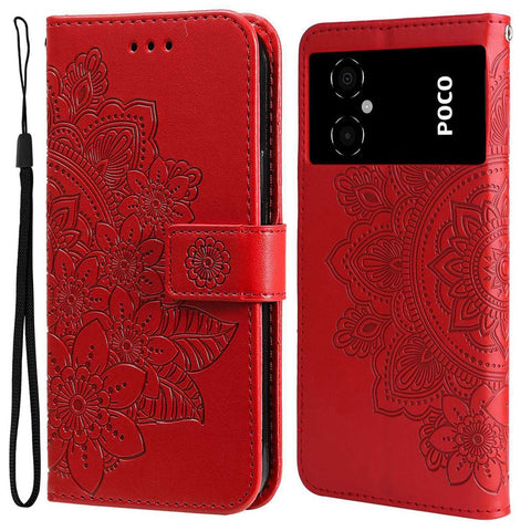For Xiaomi Poco M4 5G / M5 (India) 4G PU Leather Folio Wallet Case Flower Imprinting Stand Magnetic Closure Protective Cover with Strap