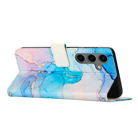 For Samsung Galaxy S25 / S24 Stand Case Marble Pattern PU Leather Wallet Phone Cover with Wrist Strap