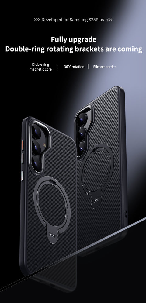 For Samsung Galaxy S25 Magnetic Case PC + TPU Phone Cover Ring Holder Carbon Fiber Texture
