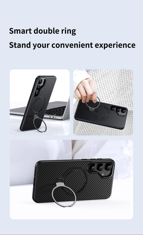 For Samsung Galaxy S25 Magnetic Case PC + TPU Phone Cover Ring Holder Carbon Fiber Texture
