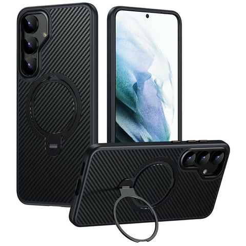 For Samsung Galaxy S25 Magnetic Case PC + TPU Phone Cover Ring Holder Carbon Fiber Texture