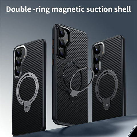For Samsung Galaxy S25 Magnetic Case PC + TPU Phone Cover Ring Holder Carbon Fiber Texture