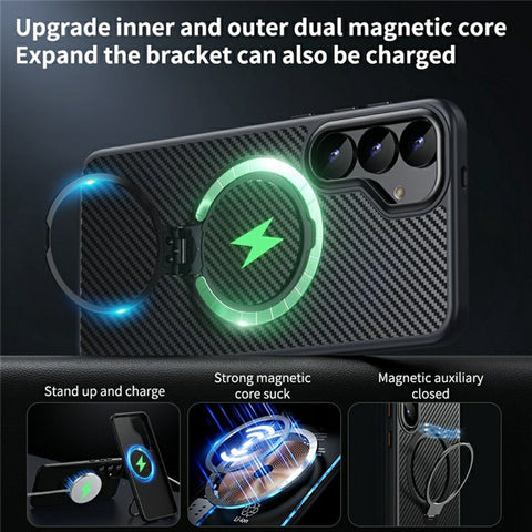For Samsung Galaxy S25 Magnetic Case PC + TPU Phone Cover Ring Holder Carbon Fiber Texture