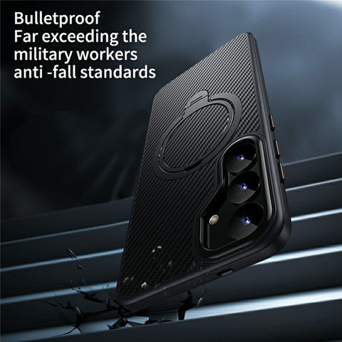 For Samsung Galaxy S25 Magnetic Case PC + TPU Phone Cover Ring Holder Carbon Fiber Texture