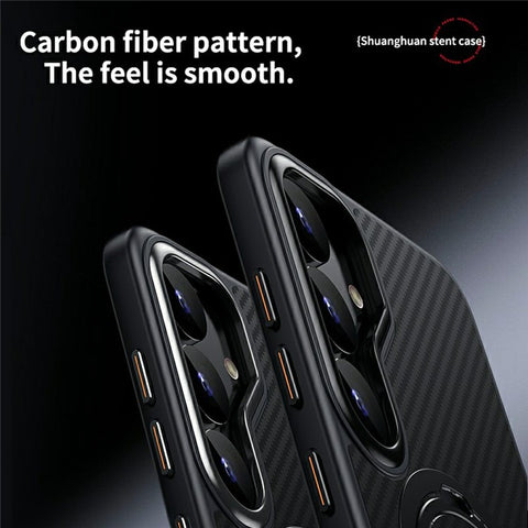 For Samsung Galaxy S25 Magnetic Case PC + TPU Phone Cover Ring Holder Carbon Fiber Texture