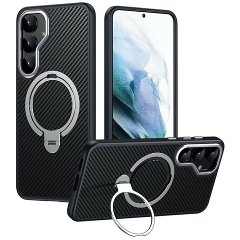 For Samsung Galaxy S25 Magnetic Case PC + TPU Phone Cover Ring Holder Carbon Fiber Texture