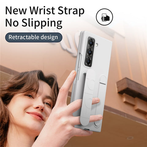 Kickstand Wristband Phone Case for Samsung Galaxy Z Fold Special PC Silicone Mobile Cover with Tempered Glass Film