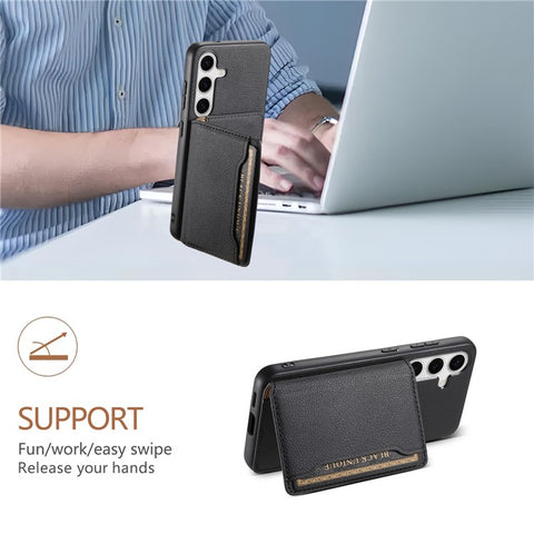 For Samsung Galaxy S25 Case with Card Slots Kickstand Calf Texture Leather Phone Back Cover