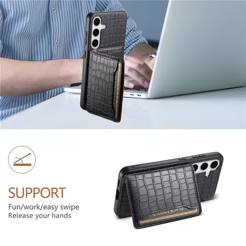 For Samsung Galaxy S25 Case Card Holder Kickstand Crocodile Texture Leather Back Phone Cover