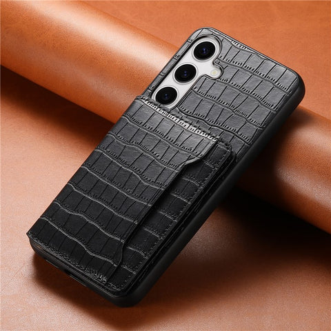 For Samsung Galaxy S25 Case Card Holder Kickstand Crocodile Texture Leather Back Phone Cover