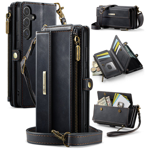 CASEME For Samsung Galaxy S25 Case  C39 RFID Blocking Zipper Wallet Stand Leather Cover with Strap
