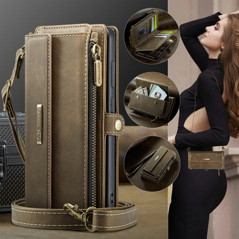 CASEME For Samsung Galaxy S25 Case  C39 RFID Blocking Zipper Wallet Stand Leather Cover with Strap